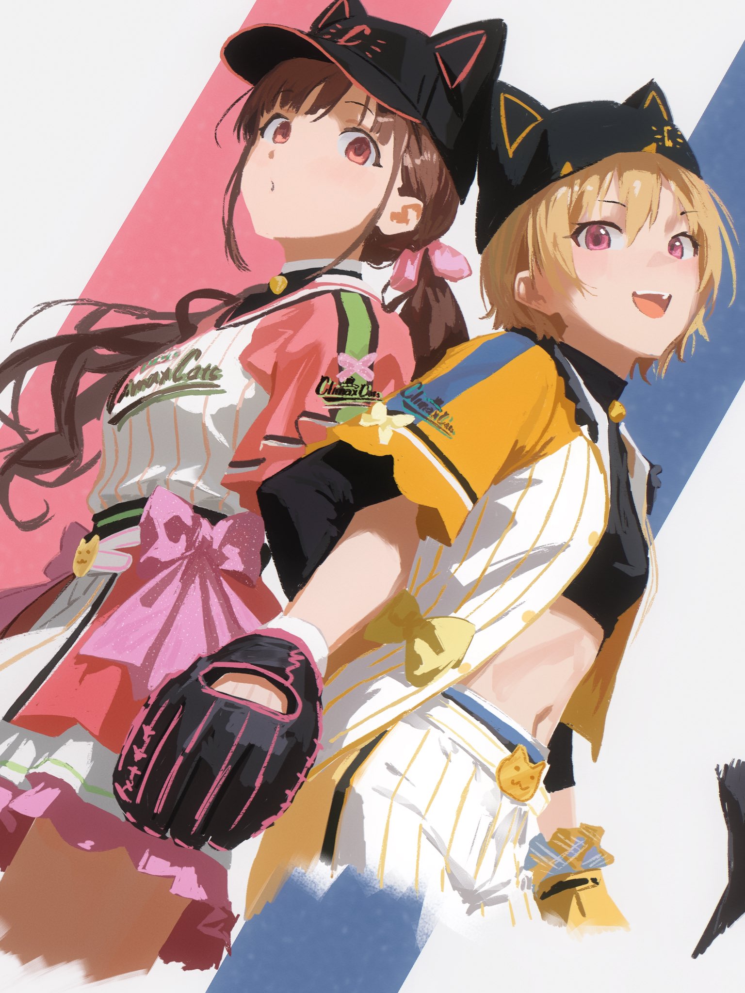 cobwvmeti, saijo juri, sonoda chiyoko, idolmaster, idolmaster shiny colors, hashtag-only commentary, highres, 2girls, back-to-back, baseball cap, baseball glove, baseball uniform, black hat, blonde hair, brown hair, hat, hat with ears, looking at viewer, midriff, multiple girls, open mouth, pink eyes, short hair, short sleeves, smile, sportswear, standing