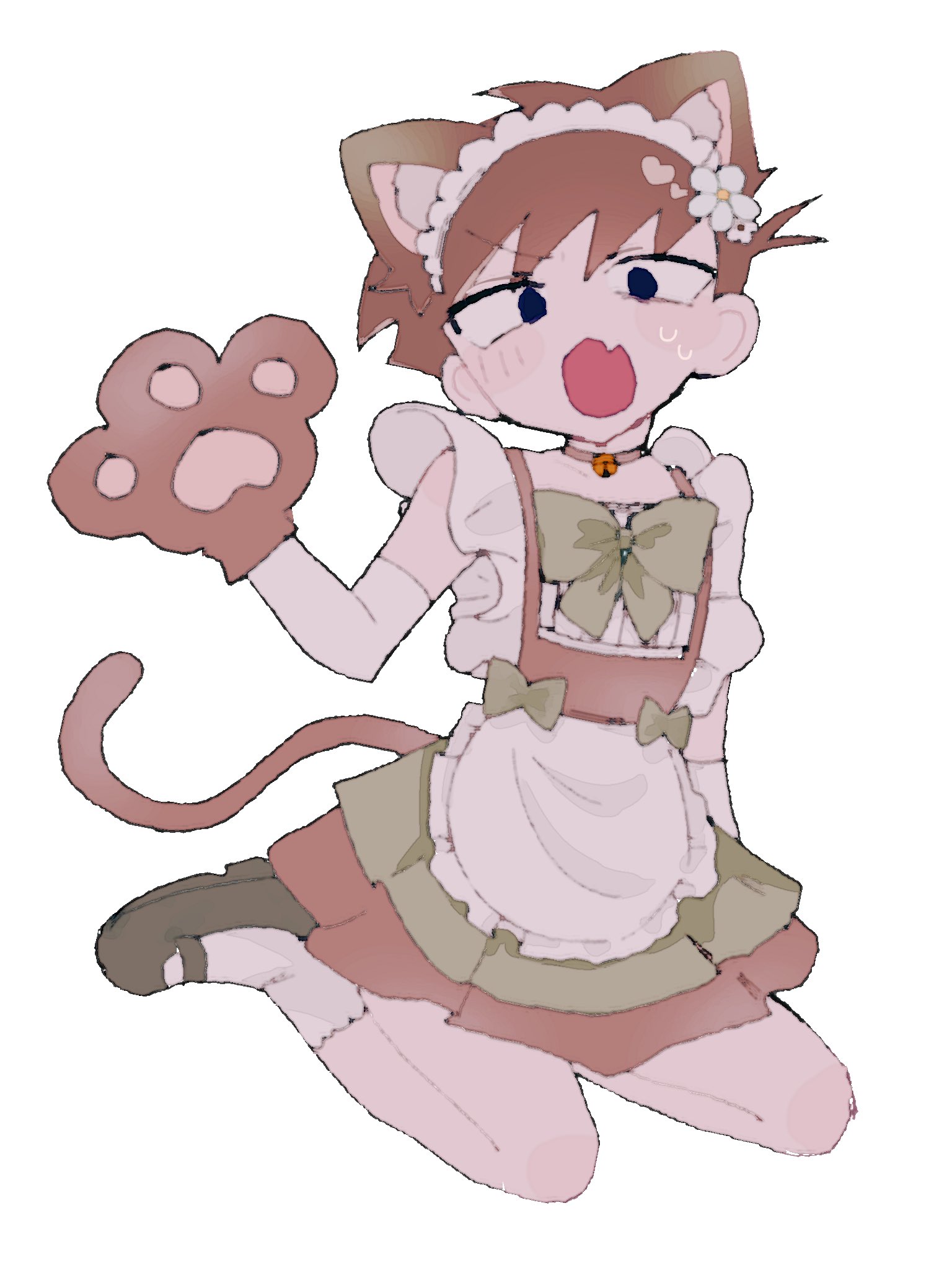 mettya 329, edd (eddsworld), eddsworld, mimukauwa nice try (vocaloid), commentary, highres, 1boy, alternate costume, animal ears, animification, apron, black eyes, black shoes, bow, brown dress, brown hair, cat ears, cat tail, crossdressing, crossdressing (mtf), dress, enmaided, fake animal ears, fake tail, fang, flower, green bow, hair flower, hair ornament, looking at viewer, maid, maid headdress, male focus, male maid, open mouth, parody, shoes, simple background, sitting, skin fang, socks, solo, sweatdrop, tail, wariza, white apron, white background, white socks