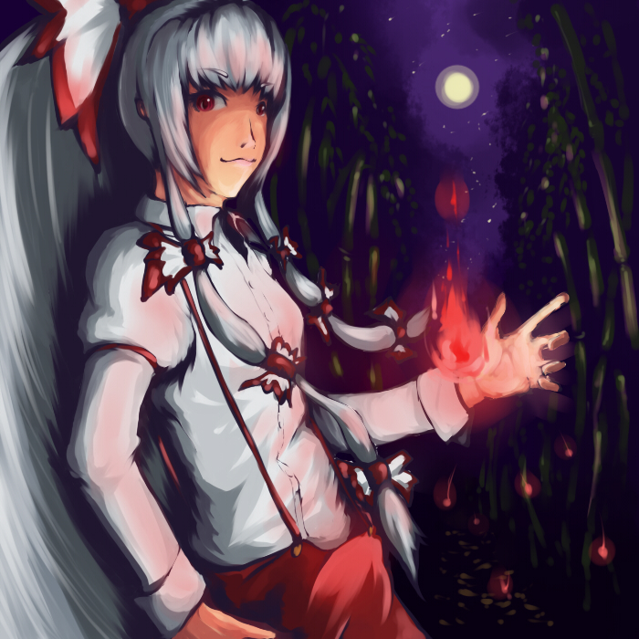avocado (artist), fujiwara no mokou, touhou, silver hair, 1girl, bamboo, bow, female focus, fire, hair bow, hair ribbon, long hair, moon, night, outdoors, pants, red eyes, ribbon, shirt, sky, smile, solo, standing, suspenders, white shirt