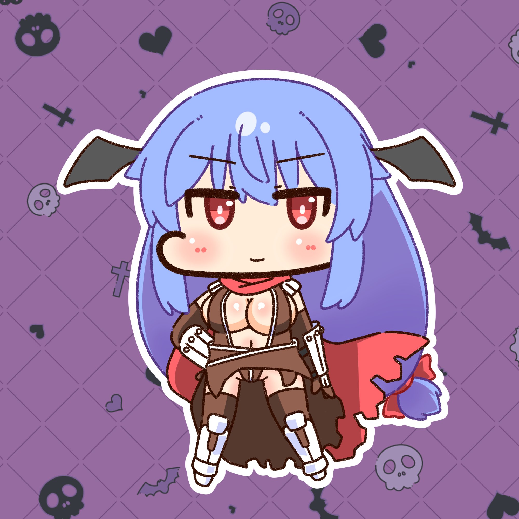 shizukushigure, assassin cross (ragnarok online), ragnarok online, commentary request, highres, 1girl, armor, armored boots, black wings, blue hair, blush, boots, breasts, brown gloves, brown leotard, brown thighhighs, chibi, chibi only, cleavage, closed mouth, cross, demon wings, elbow gloves, full body, gloves, head wings, large breasts, leotard, long hair, looking at viewer, navel, pauldrons, purple background, red eyes, red scarf, revealing clothes, scarf, shoulder armor, smile, solo, thighhighs, torn clothes, torn scarf, vambraces, wings