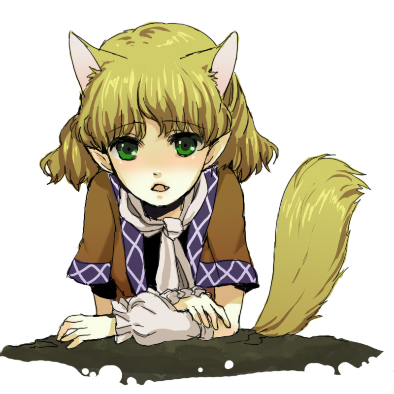riinu (ir-n), mizuhashi parsee, touhou, 1girl, animal ears, arm support, blonde hair, cat ears, cat girl, cat tail, fang, female focus, green eyes, open mouth, pointy ears, sketch, solo, tail, white background