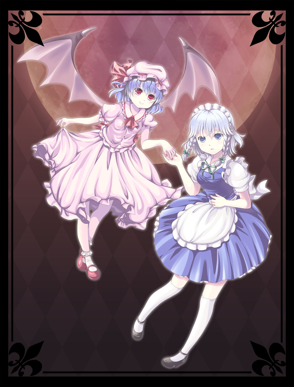 unya (unya-unya), izayoi sakuya, remilia scarlet, touhou, silver hair, bad id, bad pixiv id, highres, 2girls, bat wings, blue eyes, blue hair, braid, dress, female focus, gradient background, hat, maid, multiple girls, outdoors, red eyes, short hair, sky, twin braids, wings