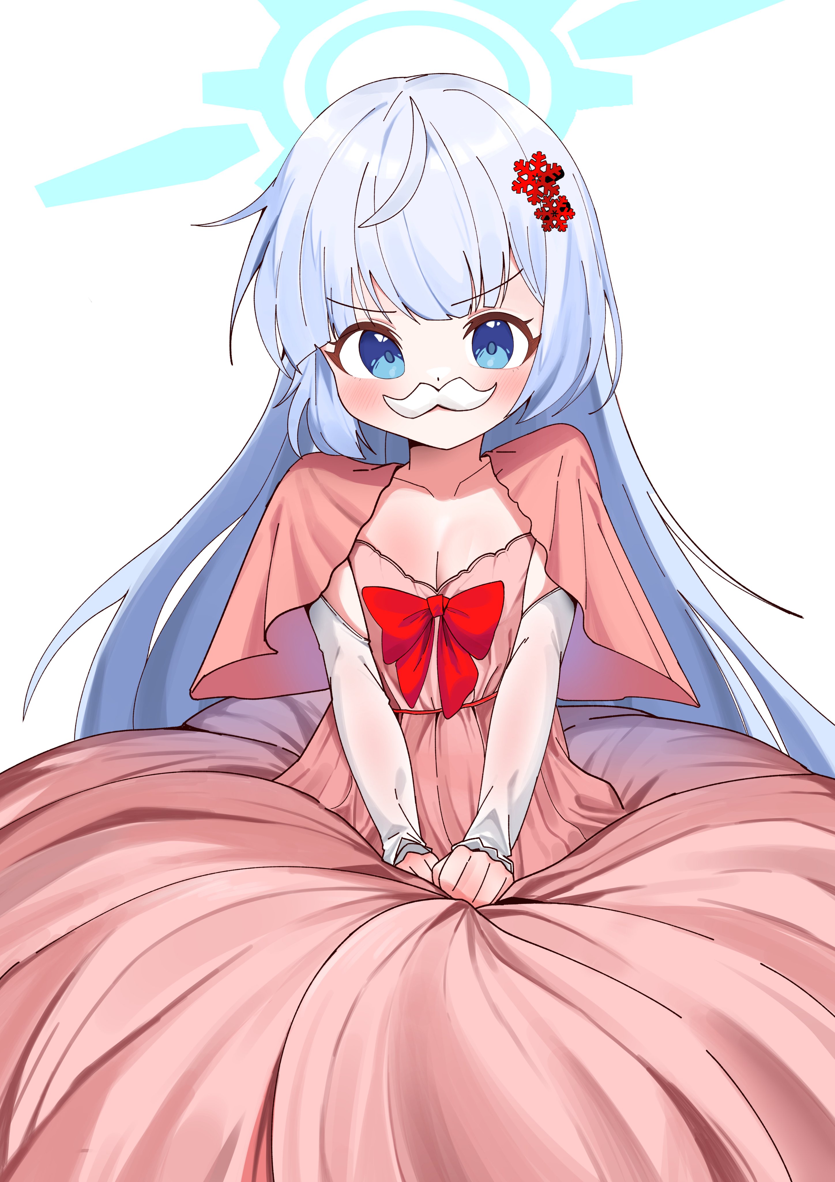 led winter, cherino (blue archive), blue archive, highres, 1girl, ahoge, blue eyes, blue hair, blue halo, blush, bow, breasts, cleavage, dress, fake facial hair, fake mustache, hair ornament, halo, looking at viewer, pink dress, red bow, solo, white background