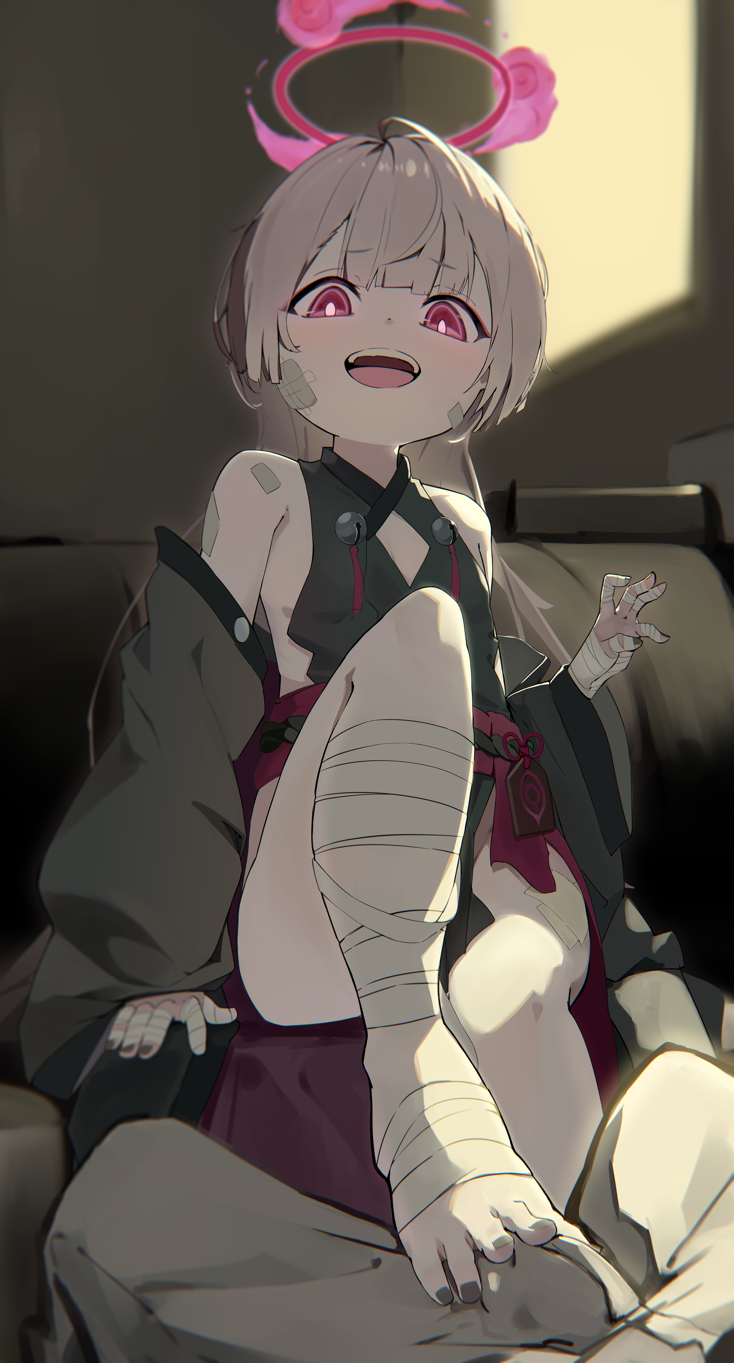 mi kan (1101515378), shuro (blue archive), blue archive, absurdres, highres, 1girl, bandages, barefoot, bulge, erection, erection under clothes, feet, grey hair, long hair, looking at viewer, open mouth, red eyes, toes