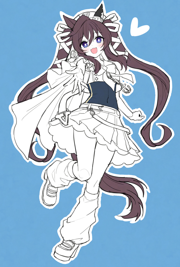 mauve, vivlos (umamusume), vivlos (voyage etincelant) (umamusume), umamusume, 1girl, :3, animal ears, belt, beret, blush, bodysuit, breasts, brown hair, covered navel, cropped shirt, hair between eyes, hair ribbon, hat, heart, horse ears, horse girl, horse tail, limited palette, long hair, looking at viewer, loose socks, open mouth, ribbon, shirt, shoes, skirt, smile, socks, solo, tail, twintails