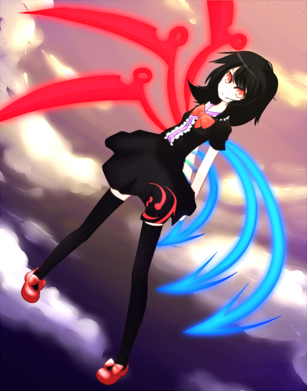 sunny speed, houjuu nue, touhou, 1girl, black hair, black thighhighs, dress, female focus, full body, outdoors, red eyes, short hair, sky, solo, thighhighs, wings, zettai ryouiki