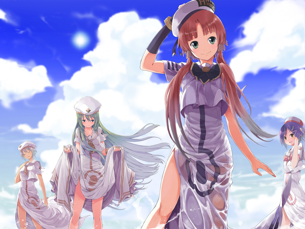 yuguru, aika granzchesta, alice carroll, athena glory, mizunashi akari, aria (manga), hand on head, bad id, bad pixiv id, 00s, 4girls, blouse, blunt bangs, brown eyes, closed eyes, clothes lift, cloud, day, fingerless gloves, gloves, green eyes, green hair, hand on headwear, hat, long hair, multiple girls, outdoors, pink hair, see-through clothes, shirt, short hair, side slit, sidelocks, skirt, skirt hold, skirt lift, sky, smile, standing, sun, very long hair, water, wet, wet clothes, white shirt