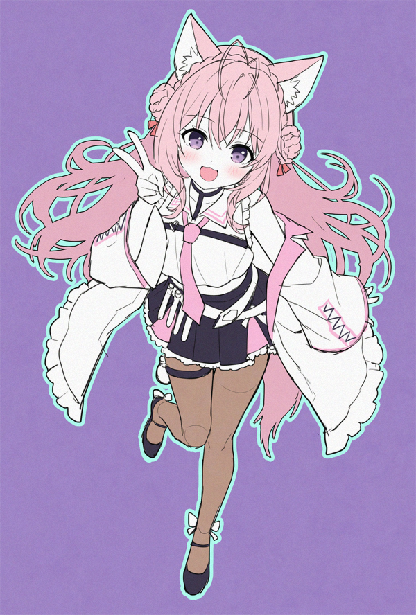 mauve, hakui koyori, hakui koyori (1st costume), hololive, 1girl, :d, animal ear fluff, animal ears, antenna hair, black shoes, black skirt, blue outline, blush, braid, brown pantyhose, collared shirt, double bun, full body, hair between eyes, hair bun, hand up, jacket, long hair, long sleeves, looking at viewer, necktie, off shoulder, open clothes, open jacket, open mouth, outline, pantyhose, pink necktie, pleated skirt, purple background, purple eyes, shirt, shoes, skirt, sleeveless, sleeveless shirt, smile, solo, standing, standing on one leg, tail, very long hair, white jacket, white shirt, wide sleeves