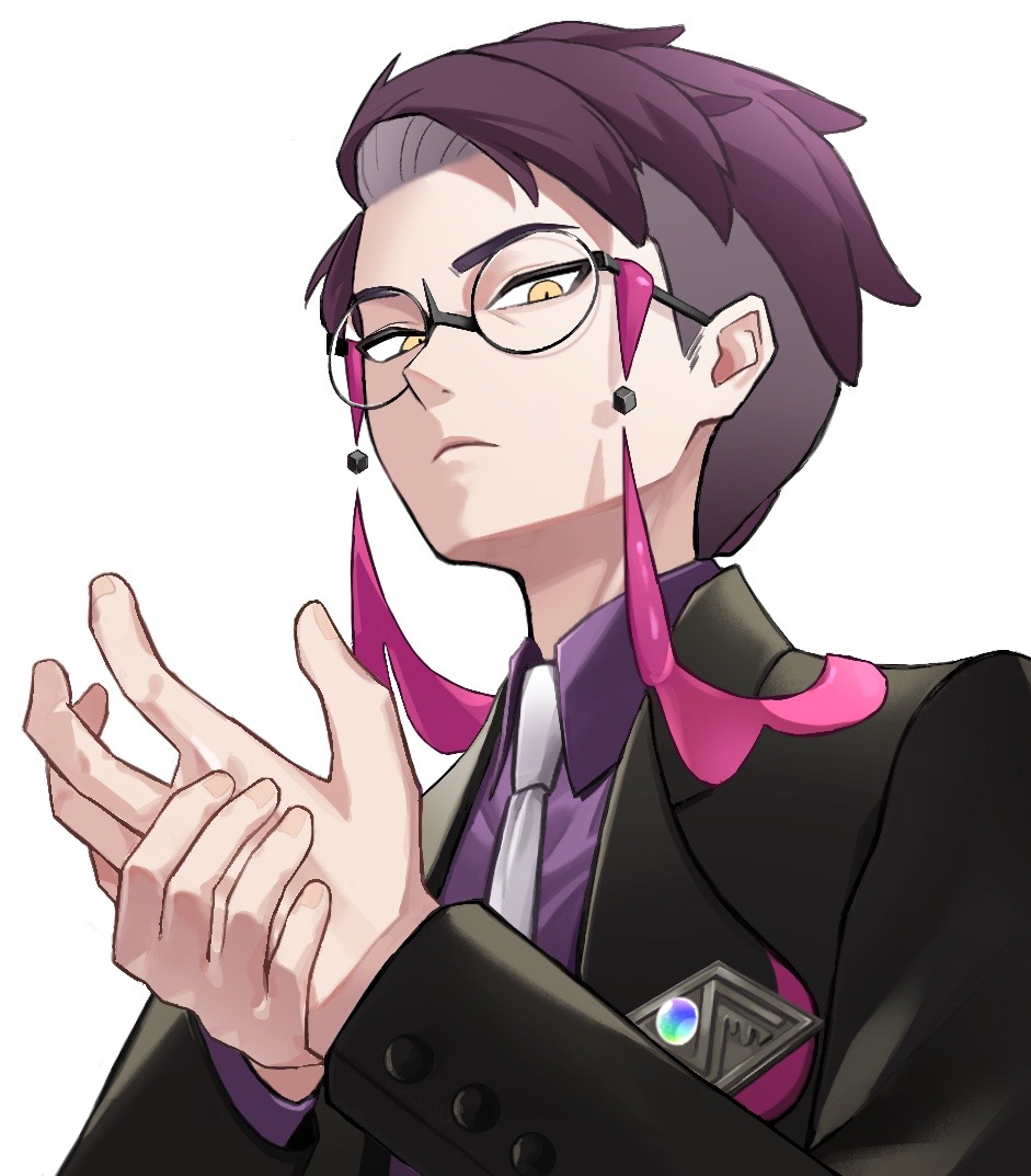 nu-chan (00 oekaki), corbeau (pokemon), nintendo, pokemon, pokemon legends: z-a, commentary request, 1boy, black jacket, collared shirt, glasses, hands up, jacket, long sleeves, looking down, male focus, necktie, own hands together, purple hair, purple shirt, round eyewear, shirt, short hair, solo, upper body, yellow eyes