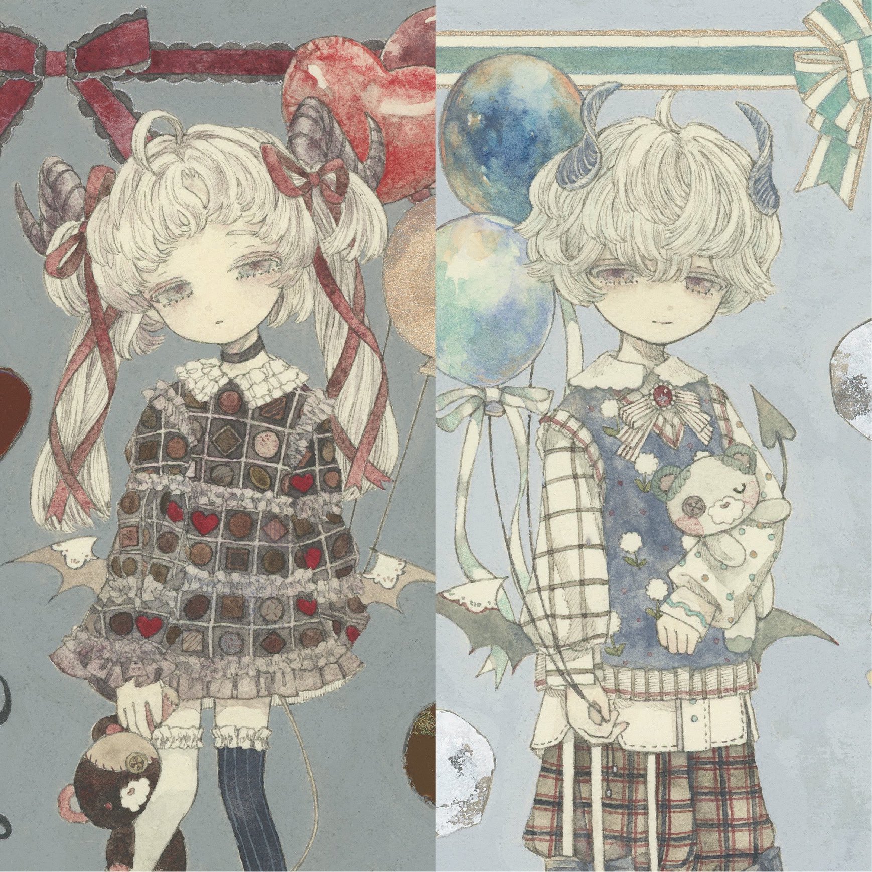 karintoun, original, acrylic paint (medium), commentary request, highres, painting (medium), traditional media, watercolor (medium), 1boy, 1girl, ahoge, arched bangs, asymmetrical legwear, balloon, bat wings, blunt bangs, blush, bow, choker, closed mouth, collage, collar, collared shirt, cowboy shot, demon horns, demon tail, dress, expressionless, frilled collar, frills, goat horns, hair bow, hair ribbon, half-closed eyes, heart, holding, horns, long hair, long sleeves, looking at viewer, neck ribbon, pale skin, plaid clothes, plaid shirt, plaid shorts, puffy sleeves, ribbon, shirt, short hair, shorts, simple background, smile, standing, straight-on, stuffed animal, stuffed toy, tail, teddy bear, thighhighs, twintails, two-tone background, vest, white hair, wings