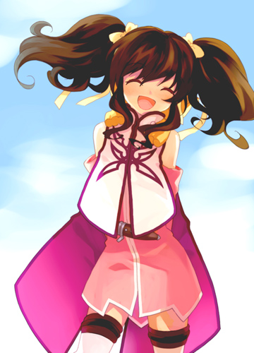 koto (colorcube), anise tatlin, tales of (series), tales of the abyss, lowres, 00s, 1girl, :d, ^ ^, arms behind back, bare shoulders, brown hair, closed eyes, female focus, open mouth, smile, solo, twintails