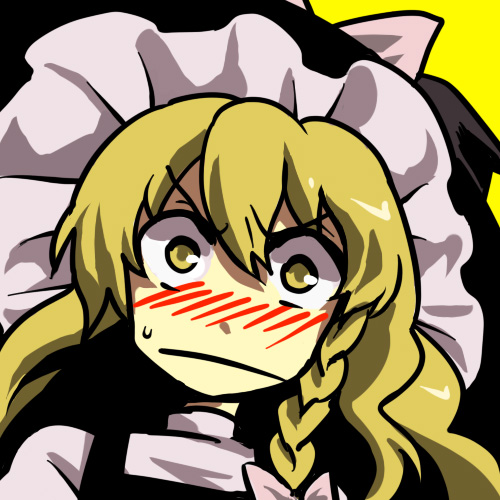 riinu (ir-n), kirisame marisa, touhou, bad id, bad pixiv id, lowres, 1girl, blonde hair, blush, braid, female focus, hat, long hair, portrait, simple background, solo, sweatdrop, yellow eyes