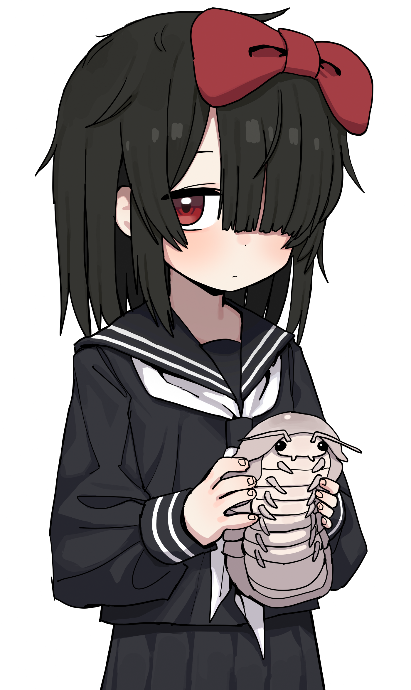 lakilolom, original, highres, 1girl, black hair, black serafuku, black shirt, black skirt, blush, bow, closed mouth, eyepatch, hair bow, hair over one eye, holding, isopod, long hair, long sleeves, looking at viewer, neckerchief, one-eyed, pleated skirt, red bow, red eyes, sailor collar, school uniform, serafuku, shirt, simple background, skirt, solo, white background