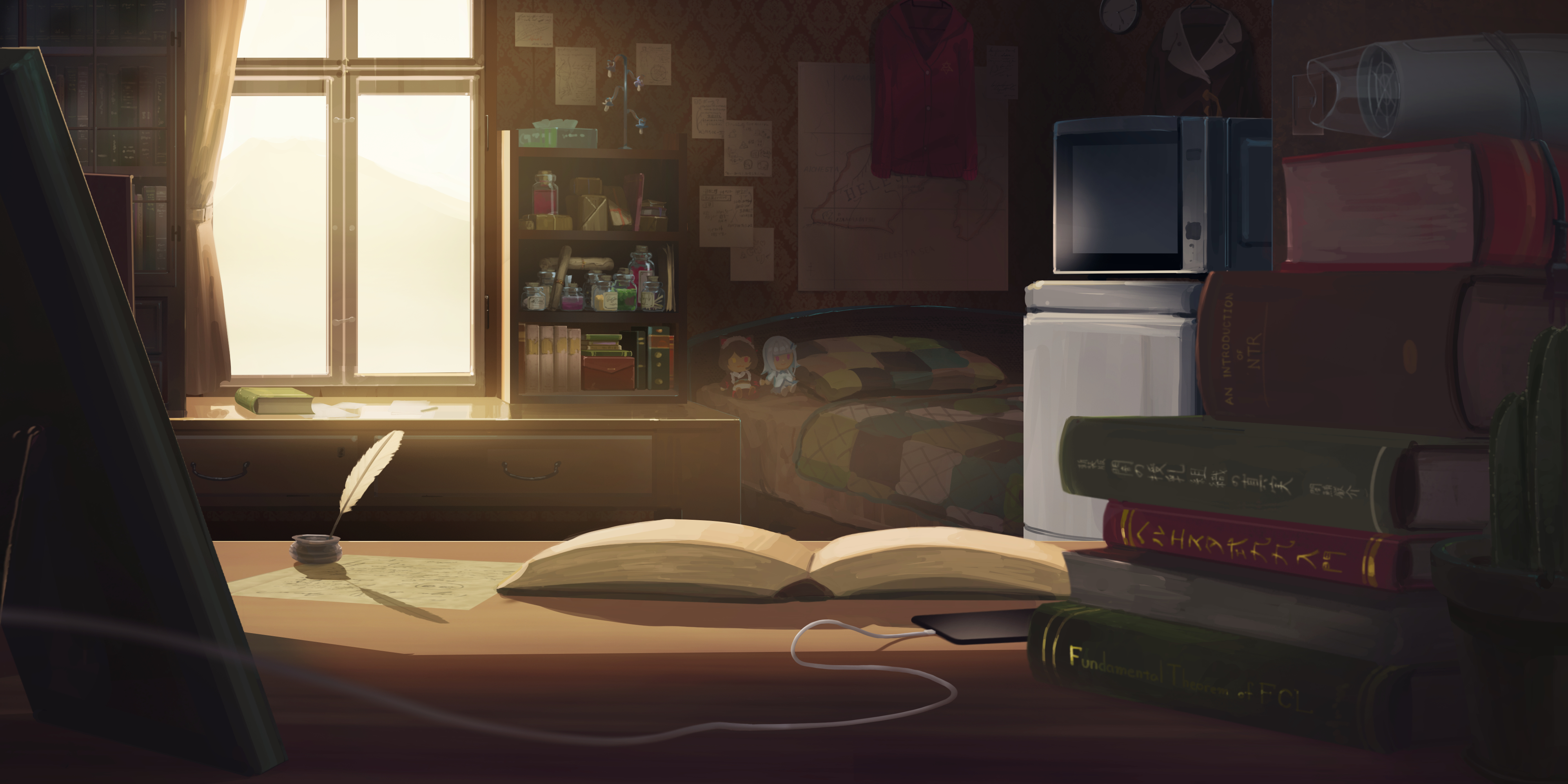rouzato, inui toko, inui toko (1st costume), lize helesta, lize helesta (1st costume), nijisanji, absurdres, highres, translation request, bed, book, book stack, bookshelf, cable, cellphone, character doll, curtains, desk, doll, english text, indoors, inkwell, jar, map, microwave, mixed-language text, no humans, open book, pacifier, paper, phone, pillow, quill, scenery, scroll, slice of life, smartphone, tissue box, virtual youtuber, window