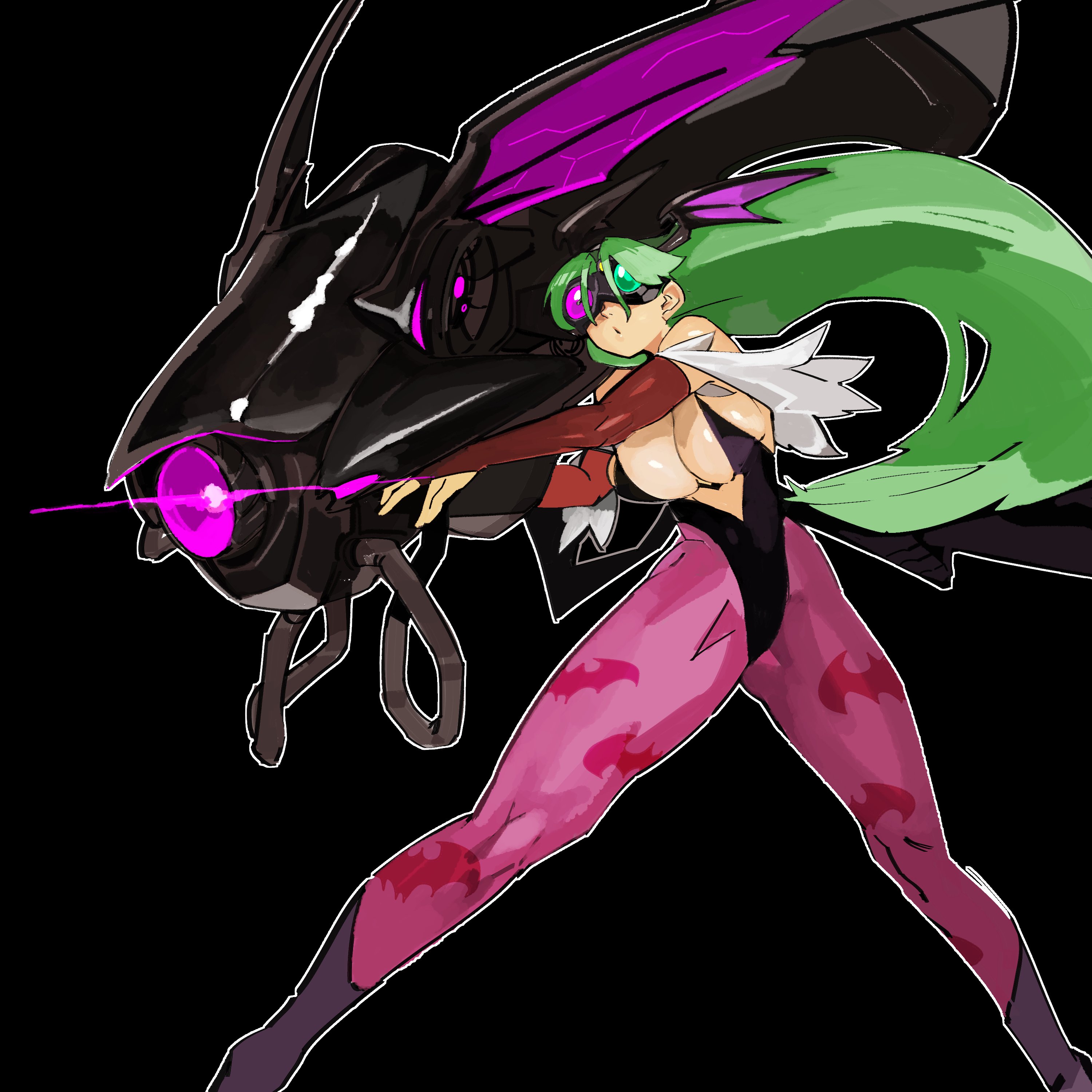 33dot, morrigan aensland, darkstalkers, absurdres, highres, 1girl, animal print, bat print, black background, black leotard, breasts, cleavage, demon girl, demon wings, full body, green hair, gun, holding, holding gun, holding weapon, leotard, long hair, night vision device, pantyhose, print pantyhose, purple hair, purple pantyhose, simple background, solo, weapon, wings