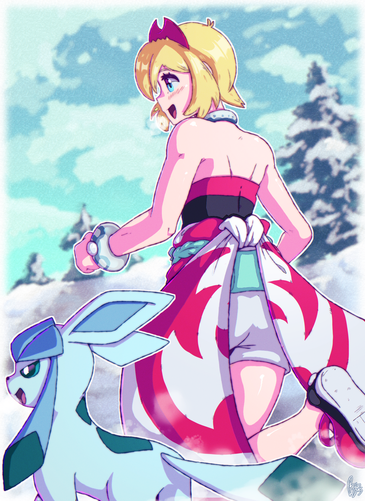 artbenbeau, glaceon, irida (pokemon), nintendo, pokemon, pokemon legends: arceus, commentary, highres, 1girl, :d, blonde hair, blue eyes, blush, bracelet, cloud, day, gen 4 pokemon, hairband, happy, jewelry, leg up, open mouth, outdoors, pokemon (creature), sash, shoes, short hair, shorts, shoulder blades, sky, smile, snow, standing, standing on one leg, tree, waist cape