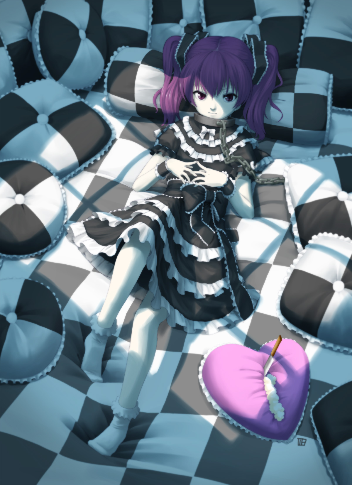 nagian, original, bad id, bad pixiv id, highres, chain, collar, gothic lolita, knife, lolita fashion, purple eyes, purple hair, solo, twintails