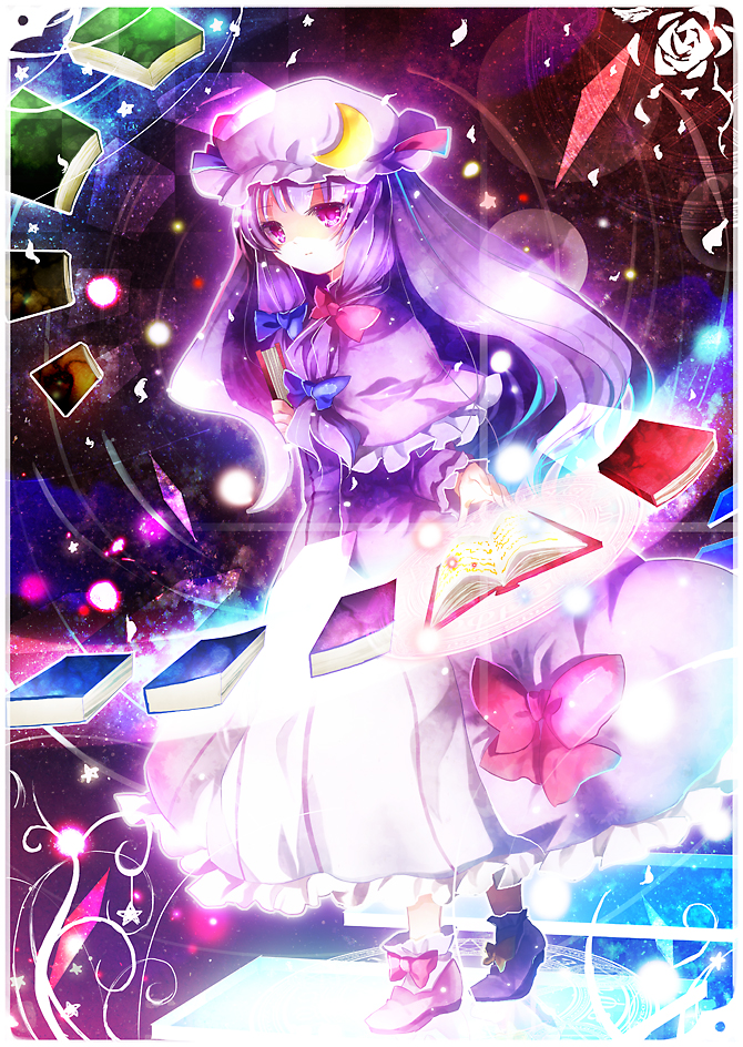 aquamarine, patchouli knowledge, touhou, 1girl, book, female focus, hat, long hair, magic circle, purple eyes, purple hair, ribbon, solo
