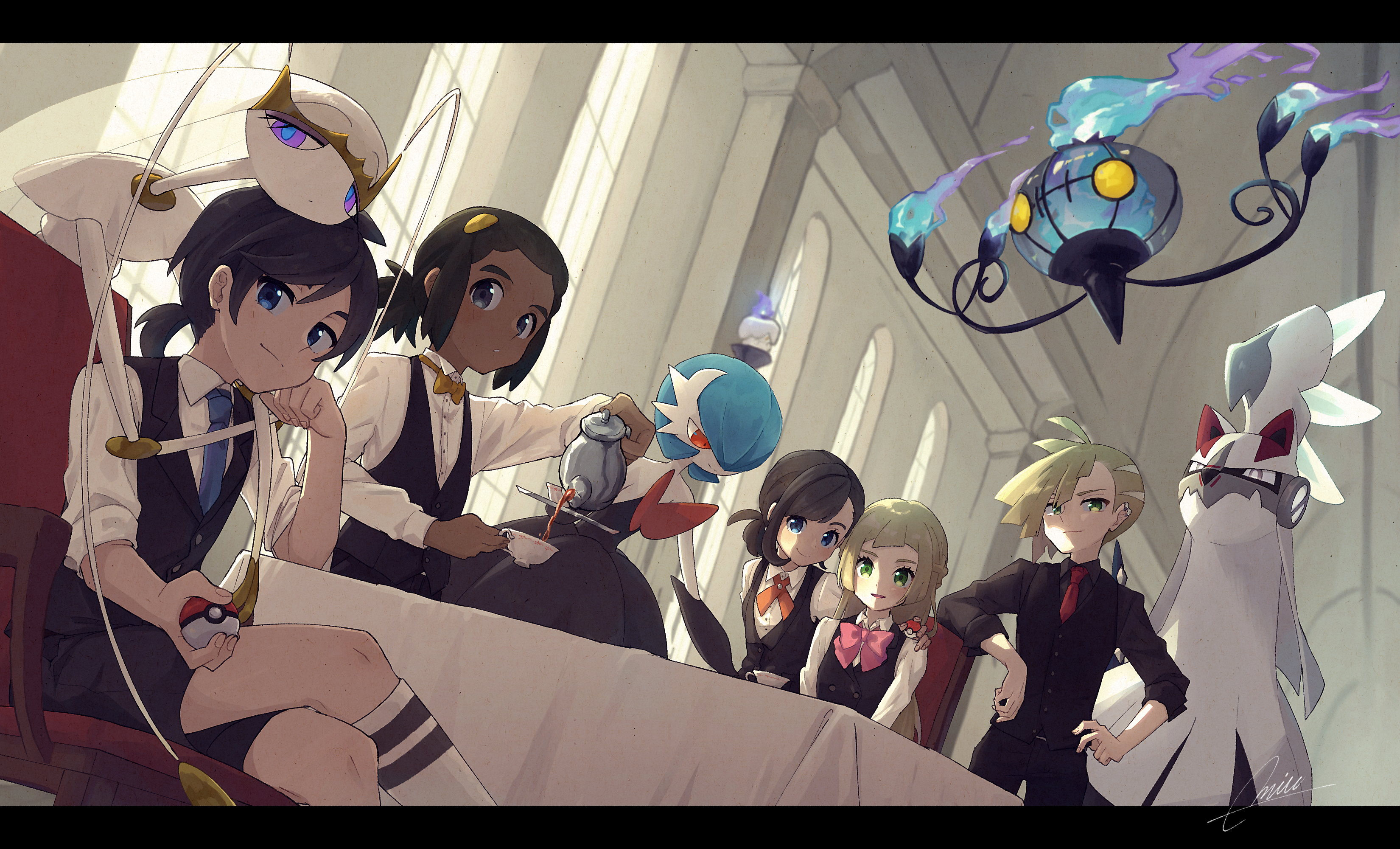 miu (miuuu 721), chandelure, elio (pokemon), gardevoir, gladion (pokemon), hau (pokemon), lillie (pokemon), litwick, pheromosa, selene (pokemon), silvally, nintendo, pokemon, pokemon sm, absurdres, commentary request, highres, 2girls, 3boys, alternate color, alternate costume, alternate hairstyle, antennae, black hair, black vest, blonde hair, blue eyes, bow, bowtie, brother and sister, chair, closed mouth, colored sclera, colored skin, crossed legs, cup, dark-skinned male, dark skin, floating, gen 3 pokemon, gen 5 pokemon, gen 7 pokemon, green eyes, green hair, hand on another's shoulder, holding, holding poke ball, joints, legendary pokemon, letterboxed, long hair, long sleeves, multiple boys, multiple girls, necktie, parted lips, plate, poke ball, poke ball (basic), pokemon (creature), ponytail, pouring, purple sclera, shiny pokemon, short hair, short sleeves, shorts, siblings, signature, sitting, smile, standing, table, teacup, teapot, ultra beast, very long hair, vest, white skin, window