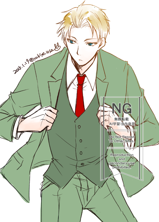 yukiyo usa, twilight (spy x family), spy x family, 1boy, blonde hair, blue eyes, collared shirt, cowboy shot, dated, formal clothes, green jacket, green pants, green suit, green vest, jacket, male focus, necktie, pants, parted bangs, red necktie, shirt, short hair, solo, suit, suit jacket, twitter username, vest, waistcoat, white background, white shirt