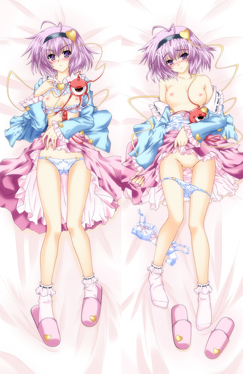 aoi hiro, komeiji satori, touhou, highres, 1girl, antenna hair, breasts, dakimakura (medium), female focus, flat chest, hairband, legs, multiple views, nipples, panties, panty pull, purple eyes, purple hair, ribbon, short hair, uncensored, underwear