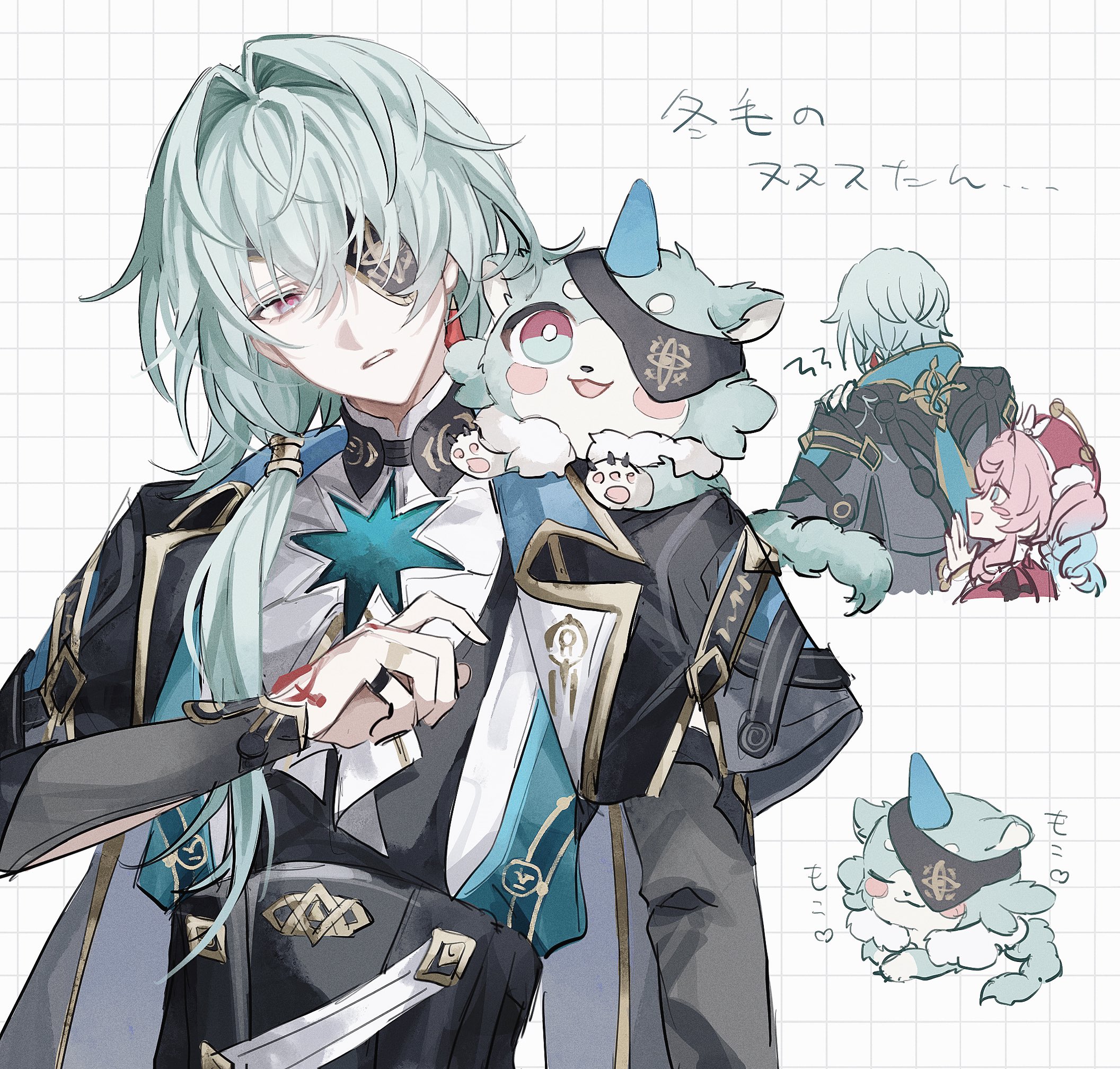 anaxa (honkai: star rail), anaxa (nanus) (honkai: star rail), hyacine (honkai: star rail), honkai: star rail, honkai (series), highres, 1boy, 1girl, animal ears, blue hair, fz7047, green hair, hat, horns, looking at another, multicolored hair, one eye closed, pet, pink hair, red hat, small horns, tail