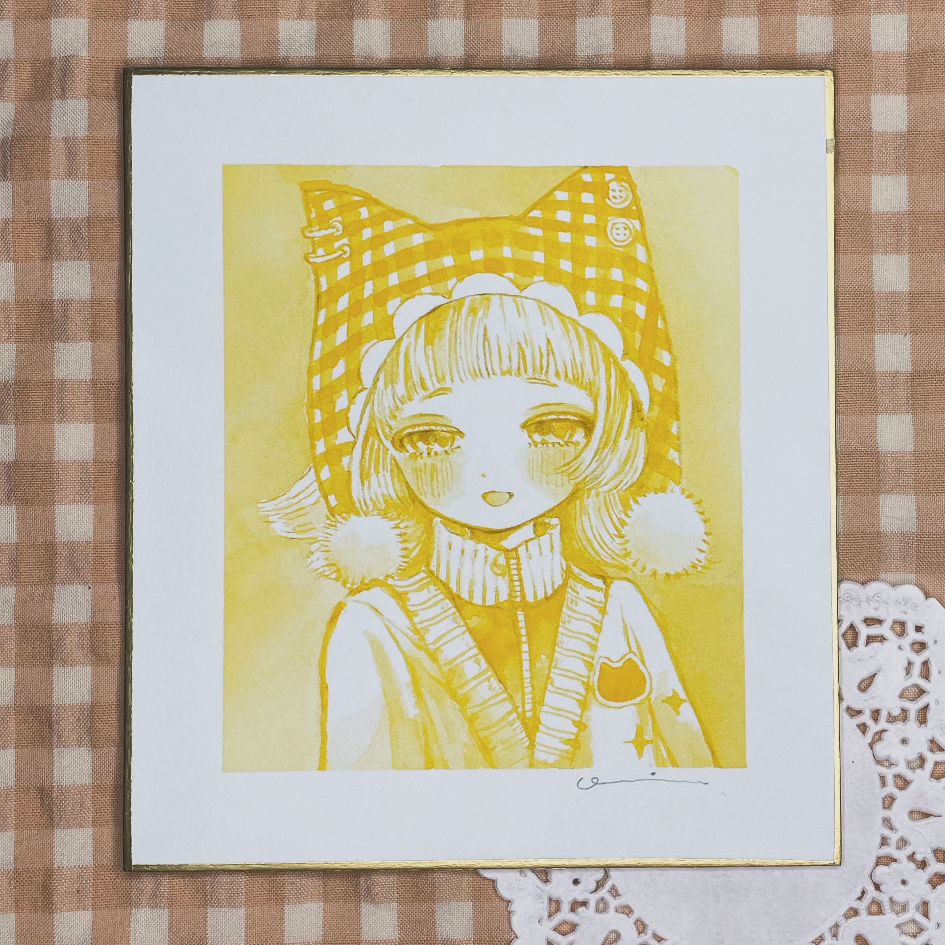 karintoun, original, acrylic paint (medium), highres, painting (medium), photo (medium), traditional media, watercolor (medium), 1girl, animal hood, arched bangs, blush, border, cardigan, cat hood, doily, gingham background, half-closed eyes, hat, hood, indoors, looking at viewer, monochrome, pale skin, short hair, signature, smile, solo, sweater, turtleneck, upper body, white border