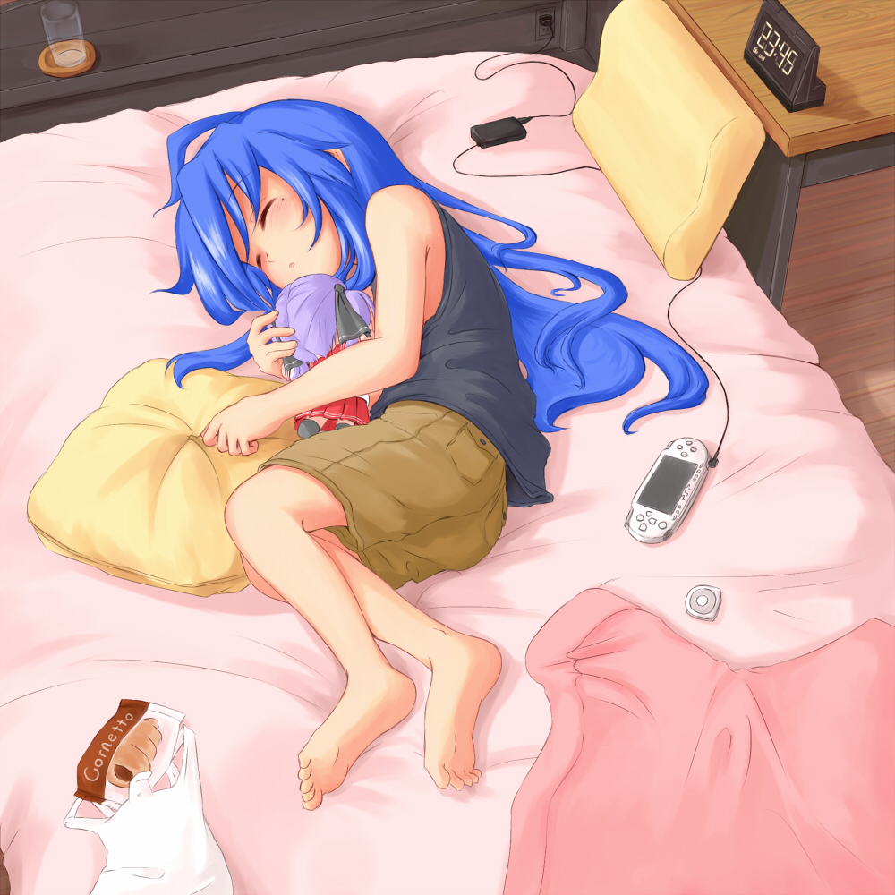 ryuunosuke (luckyneco), hiiragi kagami, izumi konata, lucky star, umd, 00s, 1girl, ahoge, barefoot, bed, blue hair, character doll, chocolate cornet, clock, closed eyes, doll, feet, female focus, food, glass, handheld game console, hug, hugging doll, hugging object, long hair, mole, mole under eye, pillow, playstation portable, sleeping, soles, solo, toes