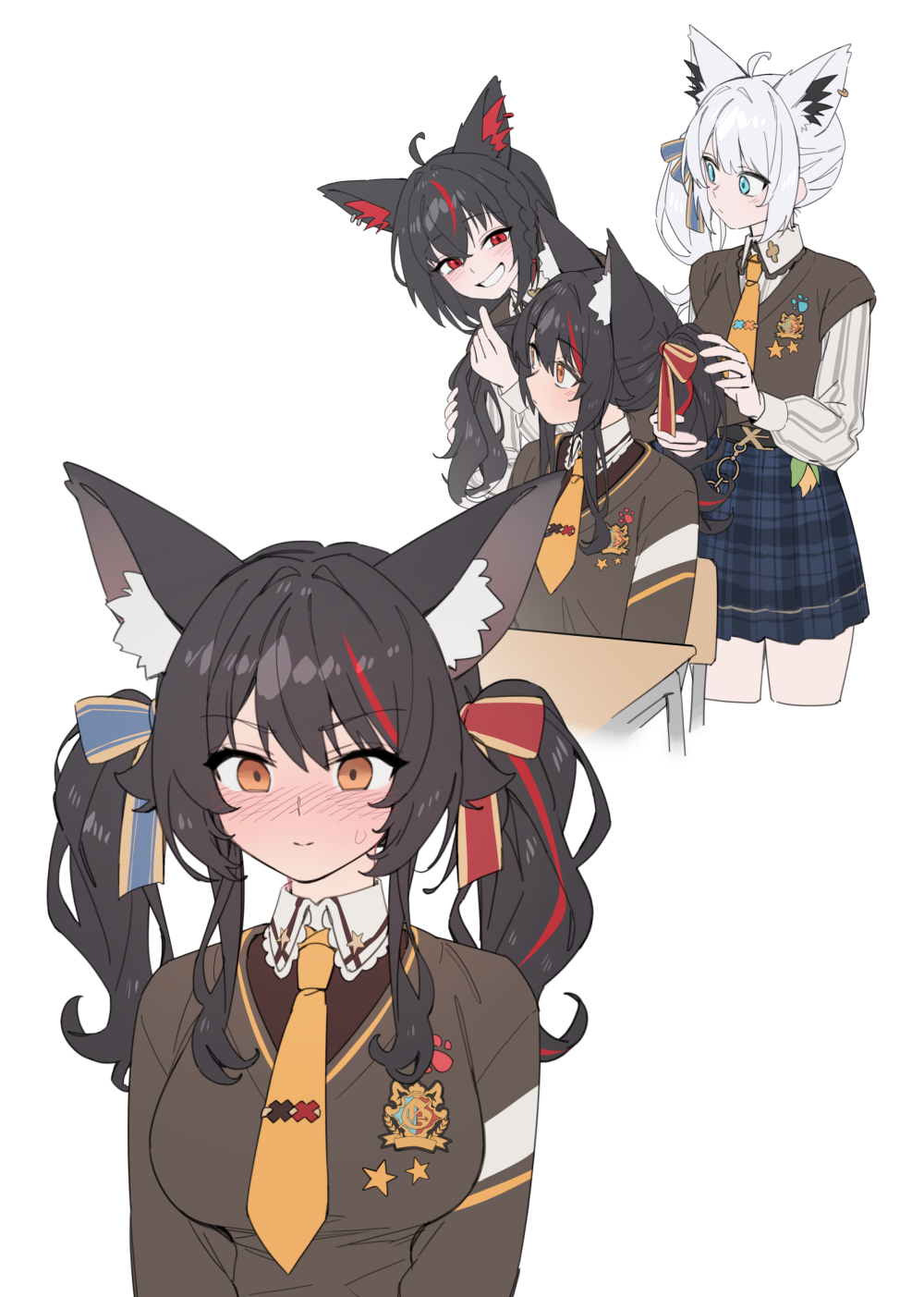 rimori22, kurokami fubuki, ookami mio, ookami mio (10th costume), shirakami fubuki, shirakami fubuki (11th costume), hololive, hashtag-only commentary, highres, 3girls, ahoge, animal ear fluff, animal ear piercing, animal ears, aqua eyes, arm cuffs, black hair, blue skirt, blush, brown sweater vest, chair, collared shirt, desk, fox ears, grin, long hair, long sleeves, looking to the side, multicolored hair, multiple girls, necktie, official alternate costume, official alternate hairstyle, on chair, pleated skirt, red eyes, red hair, school desk, shirt, side ponytail, sidelocks, simple background, sitting, skirt, smile, streaked hair, sweater vest, two-tone hair, tying hair, virtual youtuber, white background, white hair, wolf ears, yellow eyes, yellow necktie