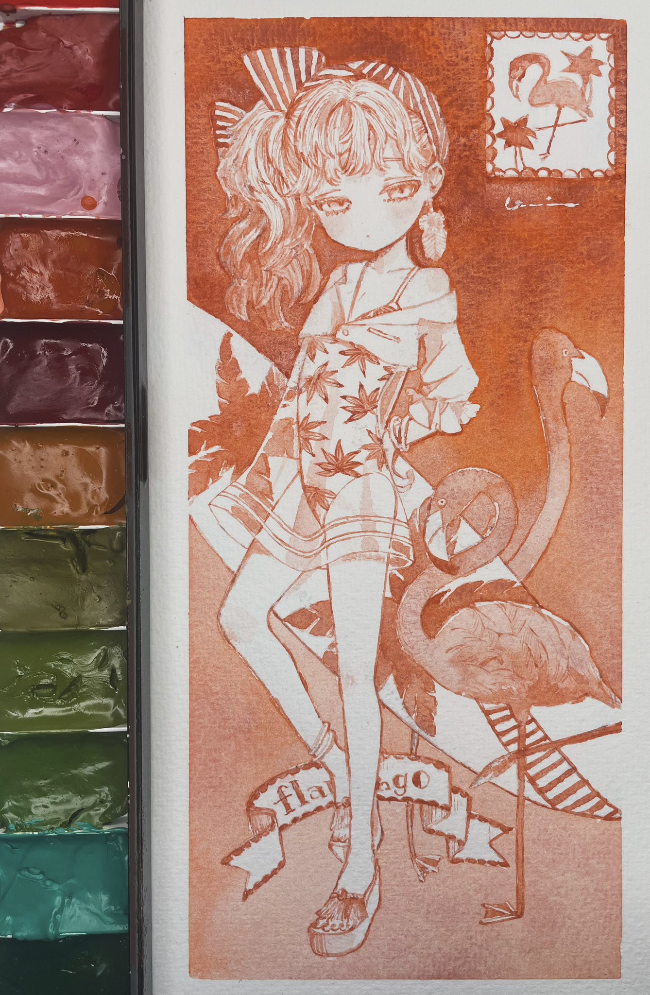 karintoun, original, acrylic paint (medium), commentary request, highres, painting (medium), photo (medium), traditional media, watercolor (medium), 1girl, bare legs, bird, blunt bangs, border, bow, closed mouth, dress, english text, expressionless, feathers, flamingo, full body, gradient background, hair bow, half-closed eyes, holding, holding surfboard, leaf, leaf print, long hair, maple leaf print, monochrome, off shoulder, paint palette, pale skin, sandals, see-through clothes, see-through dress, side ponytail, signature, simple background, standing, straight-on, surfboard, swimsuit, wavy hair, white border