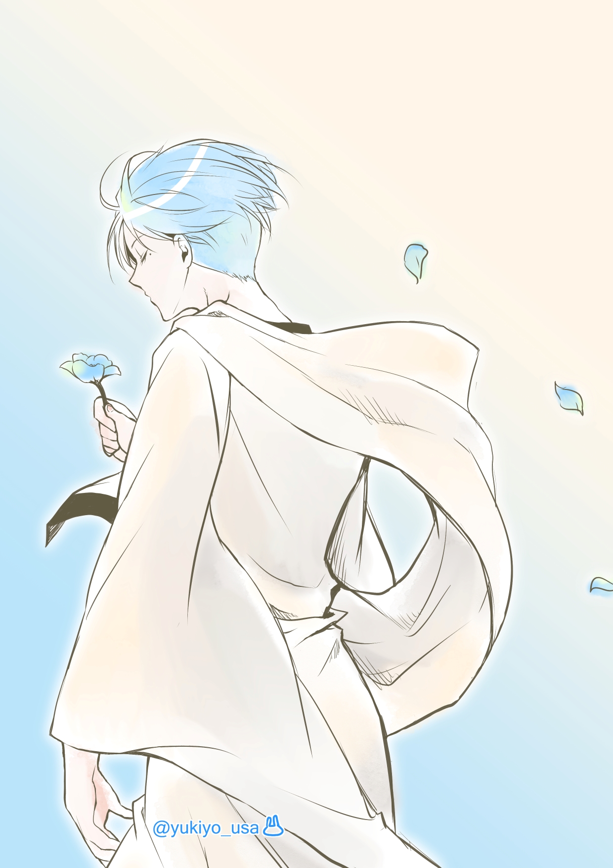 yukiyo usa, himmel (sousou no frieren), sousou no frieren, highres, 1boy, blue flower, blue hair, blue petals, cape, closed eyes, facing away, falling petals, flower, forget-me-not (flower), gradient background, holding, holding flower, male focus, mole, mole under eye, petals, robe, short hair, solo, upper body, white cape, white robe
