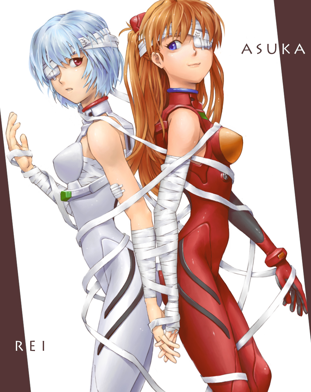 tattaka, ayanami rei, souryuu asuka langley, neon genesis evangelion, the end of evangelion, bad id, bad pixiv id, highres, 2girls, ass-to-ass, back-to-back, bandages, blue eyes, blue hair, brown hair, holding hands, long hair, mecha pilot suit, multiple girls, plugsuit (evangelion), red eyes, short hair