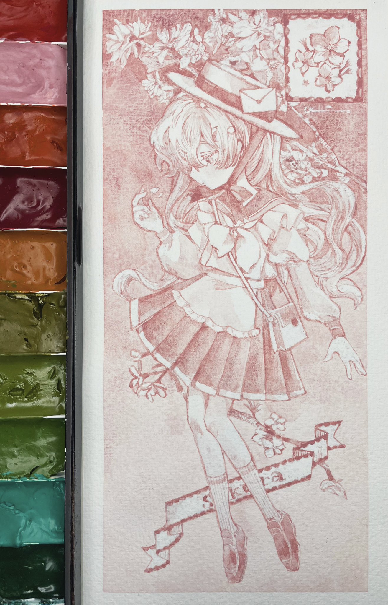 karintoun, original, acrylic paint (medium), commentary request, highres, painting (medium), photo (medium), traditional media, watercolor (medium), 1girl, apron, bag, border, bow, bowtie, cherry blossoms, closed mouth, expressionless, floating, flower, full body, hair ornament, hair over one eye, hand up, hat, holding, kneehighs, loafers, long hair, long sleeves, looking down, mary janes, monochrome, neck ribbon, paint palette, pale skin, pleated skirt, puffy sleeves, ribbon, sailor collar, school uniform, serafuku, shoes, sidelocks, signature, simple background, skirt, socks, solo, straight-on, wavy hair