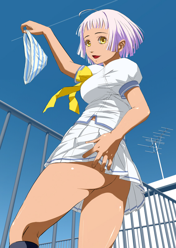 majoora, original, 1girl, ass, dark-skinned female, dark skin, female focus, no panties, panties, purple hair, school uniform, short hair, skirt, solo, striped clothes, striped panties, underwear, unworn panties, upskirt, yellow eyes