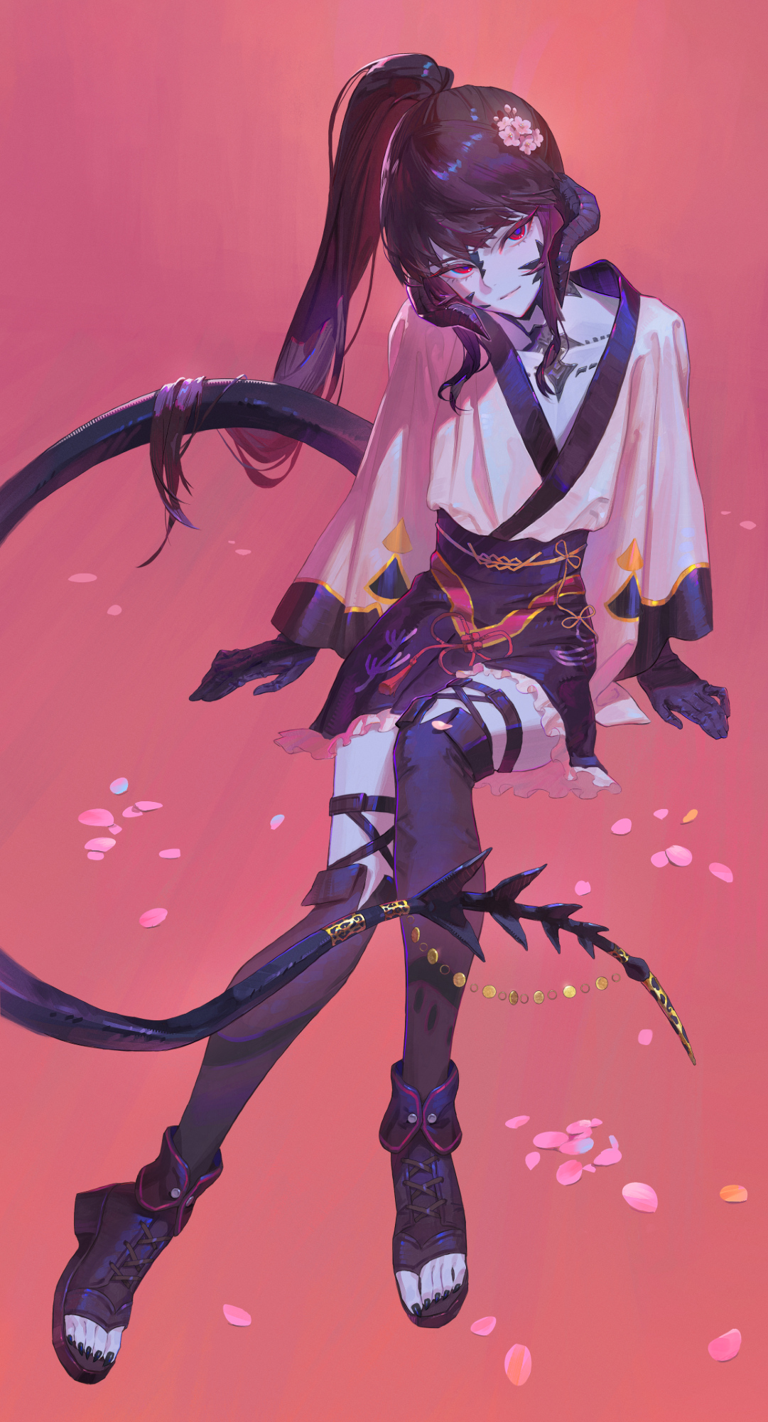 final fantasy, final fantasy xiv, commission, commissioner upload, highres, skeb commission, 1other, au ra, black horns, black scales, black tail, boots, colored skin, dragon horns, flower, gloves, grey skin, hair flower, hair ornament, high ponytail, horns, izumi tol amulius, japanese clothes, kimono, long hair, niha 282828, petals, ponytail, red eyes, scales, sharp toenails, thigh boots, toenails, yukata