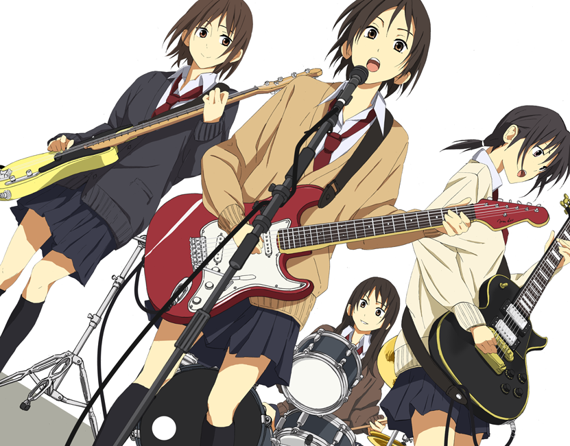 kajiki, original, 4girls, bass guitar, brown eyes, brown hair, cardigan, drum, drum set, dutch angle, electric guitar, fender precision bass, fender stratocaster, gibson les paul, guitar, instrument, long hair, microphone, microphone stand, multiple girls, music, necktie, open mouth, ponytail, school uniform, short hair, simple background, singing, smile