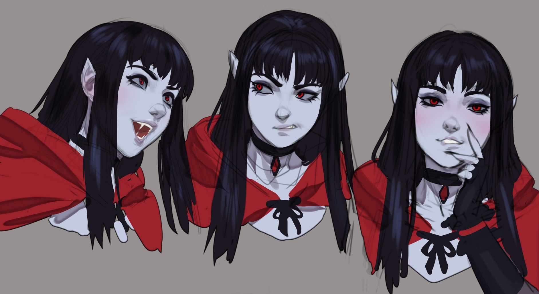 tarakanovich, original, commentary, english commentary, highres, 1girl, annoyed, black choker, black gloves, black hair, black nails, capelet, choker, clenched teeth, colored skin, fangs, fingerless gloves, fingernails, gloves, grey background, grey skin, hand on own cheek, hand on own face, hood, hood down, hooded capelet, long fingernails, long hair, looking at viewer, marie (tarakanovich), multiple expressions, multiple views, open mouth, pointy ears, red capelet, red eyes, simple background, smile, teeth, vampire