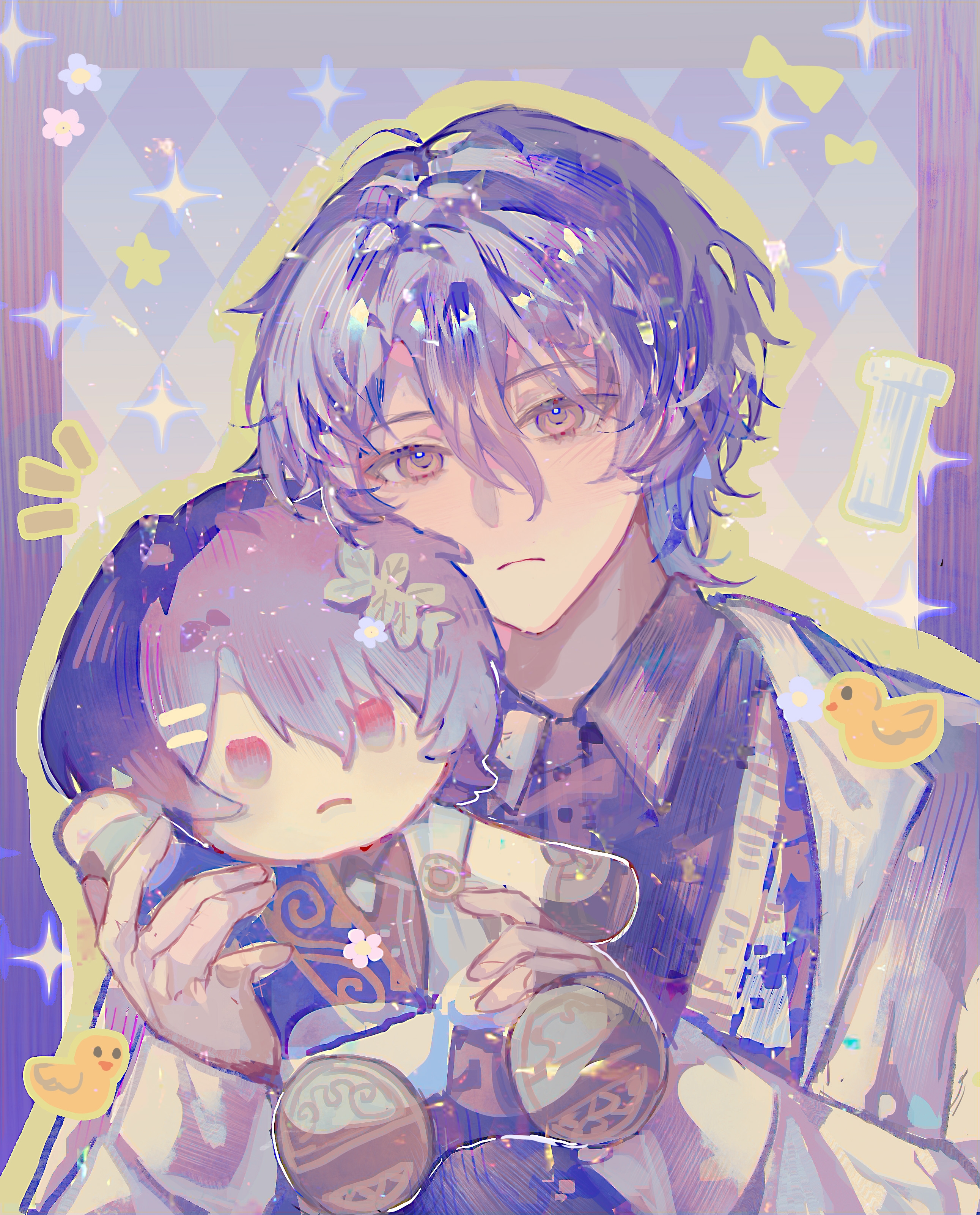 enderrabbit, dr. ratio (honkai: star rail), honkai: star rail, honkai (series), absurdres, chinese commentary, commentary request, highres, 1boy, argyle background, black shirt, blue hair, buttons, character doll, closed mouth, collared shirt, doll, frown, hair between eyes, holding, holding doll, jacket, long sleeves, male focus, notice lines, red eyes, rubber duck, shirt, solo, sparkle, upper body, white jacket, wing collar