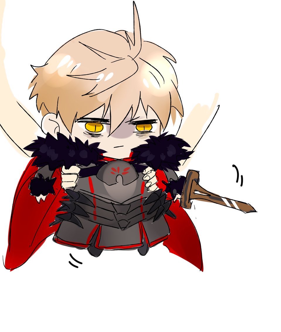 pvc parfait, arthur pendragon (fate), arthur pendragon alter (fate), fate/grand order, fate (series), commentary request, 1boy, 1other, ahoge, armor, black armor, black boots, black shirt, blonde hair, boots, breastplate, cape, chibi, closed mouth, excalibur (fate/prototype), faulds, fingernails, full armor, full body, fur-trimmed cape, fur-trimmed sleeves, fur trim, gauntlets, hair between eyes, holding, holding sword, holding weapon, male focus, pauldrons, red cape, shirt, short hair, shoulder armor, simple background, solo focus, sword, weapon, white background, yellow eyes