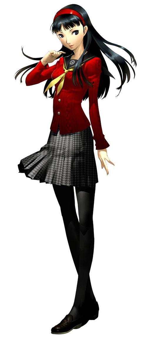 soejima shigenori, amagi yukiko, atlus, persona, persona 4, official art, 1girl, aran sweater, black eyes, black hair, cable knit, cardigan, female focus, hairband, legs, long hair, pantyhose, school uniform, skirt, solo, sweater