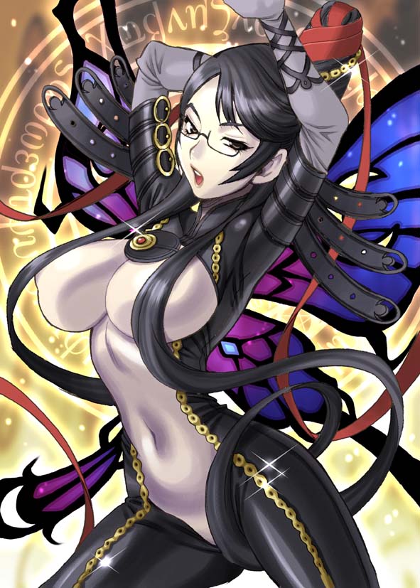 yukiyanagi, bayonetta, bayonetta (series), bayonetta 1, 1girl, black hair, bodysuit, breasts, brown eyes, butterfly wings, censored, convenient censoring, female focus, glasses, hair censor, hair over breasts, insect wings, large breasts, long hair, navel, solo, sparkle, wings