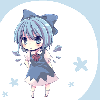 matsusaka gyuu, nikunikumatsu, cirno, embodiment of scarlet devil, touhou, bad id, bad pixiv id, lowres, 1girl, blue eyes, blue hair, blush, bow, chibi, female focus, hair bow, ice, matching hair/eyes, short hair, solo, staring, wings
