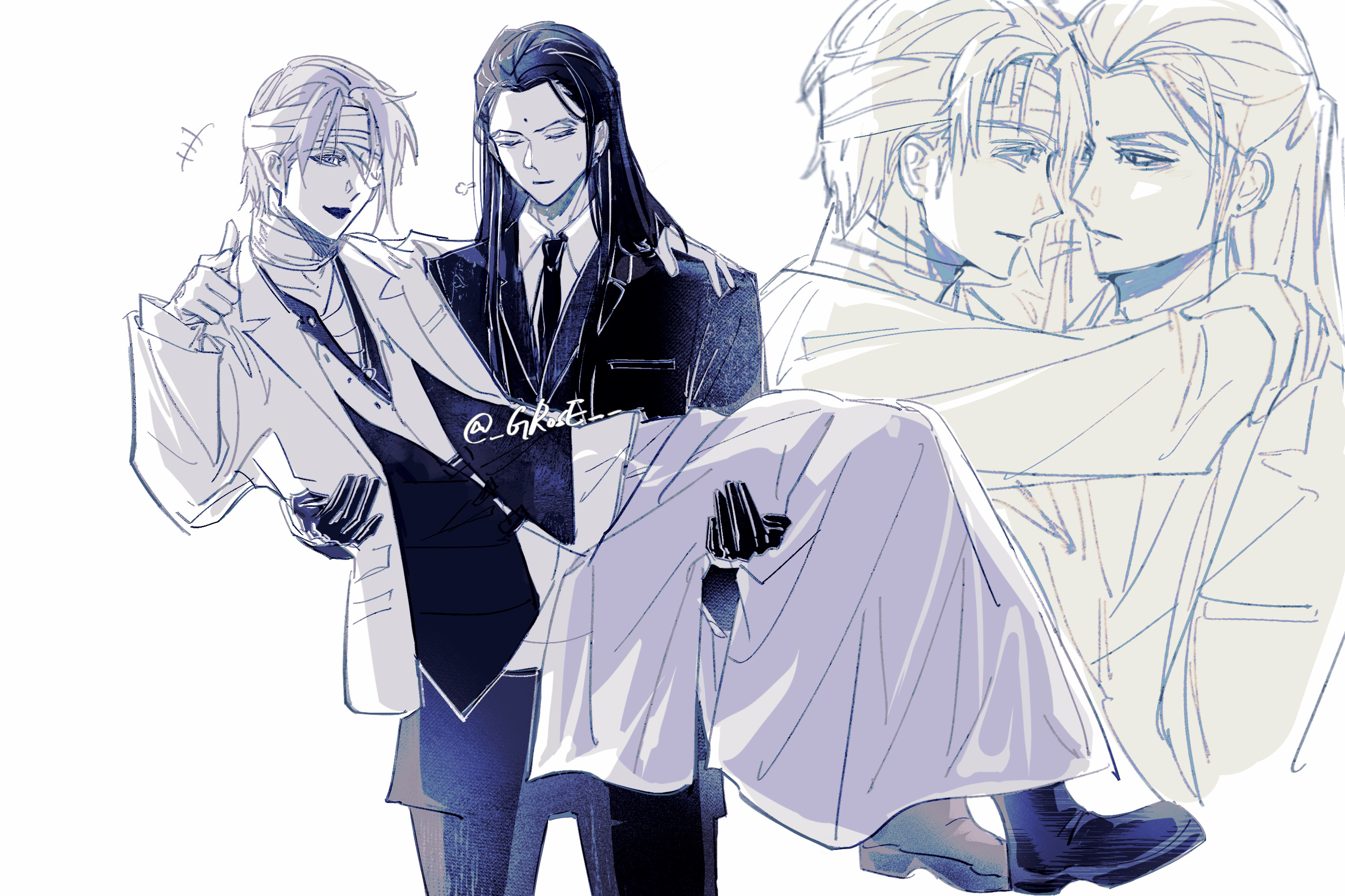 grose, rufus shinra, tseng, final fantasy, final fantasy vii, highres, 2boys, arms around neck, bandaged head, bandaged neck, bandages, bindi, black gloves, black jacket, black necktie, black pants, black shoes, black suit, closed eyes, coat, collared shirt, formal clothes, gloves, jacket, long hair, male focus, multiple boys, necktie, one eye covered, open mouth, pants, parted bangs, pointing, pointing at viewer, shirt, shoes, short hair, sigh, smile, suit, suit jacket, sweatdrop, twitter username, white background, white coat, white shirt, yaoi