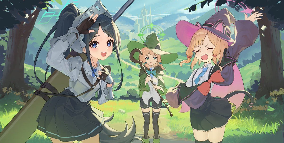 ojisan kamo shiremasen, aris (blue archive), midori (blue archive), momoi (blue archive), blue archive, commentary request, 3girls, animal ear headphones, animal ears, arm armor, arm up, armor, black gloves, black hair, black shorts, black skirt, black thighhighs, blonde hair, blue halo, blue necktie, bow, breastplate, castle, cat ear headphones, cat ears, cat tail, closed eyes, cloud, coat, coat partially removed, collared shirt, cuirass, fake animal ears, fake tail, game development department (blue archive), gloves, green bow, green hair, green halo, green ribbon, hair ribbon, halo, hat, headphones, helmet, hill, holding, holding staff, holding weapon, huge weapon, lifted by tail, long hair, long sidelocks, low-tied sidelocks, multiple girls, necktie, off shoulder, open mouth, path, pink halo, pink hat, pleated skirt, rectangular halo, red ribbon, ribbon, ringed eyes, road, salute, scabbard, sheath, shirt, shorts, shoulder armor, siblings, sidelocks, sisters, skirt, staff, sword, sword on back, tail, teeth, thighhighs, tree, twins, upper teeth only, very long hair, very long sidelocks, weapon, weapon on back, white shirt, witch hat