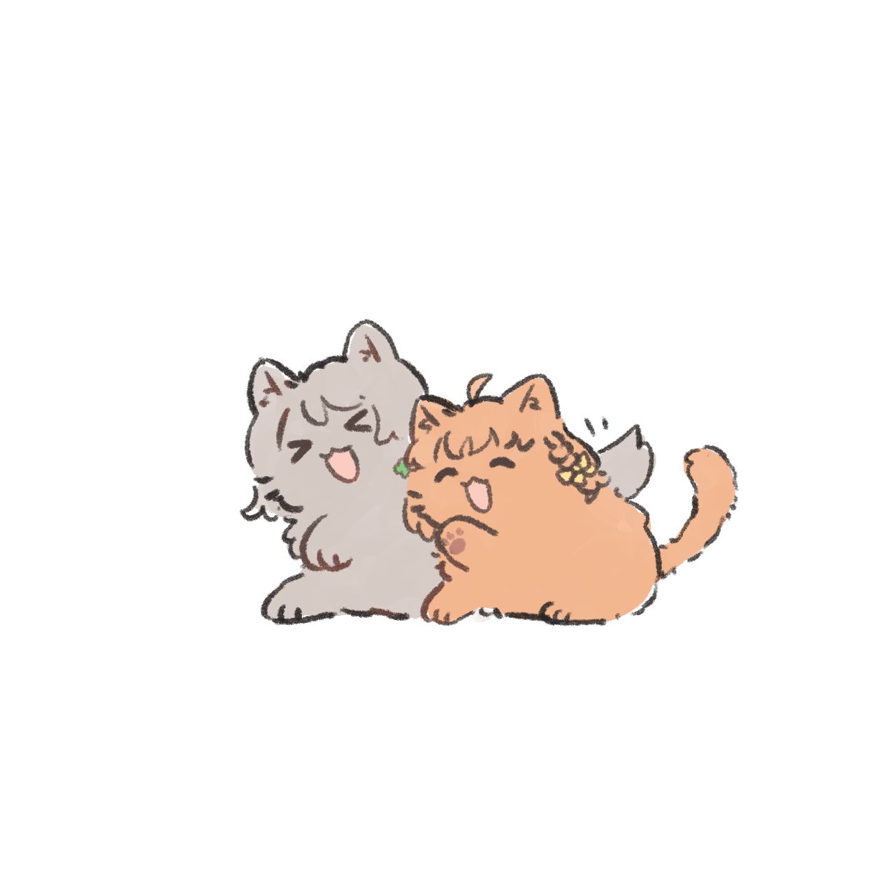 ao kaeru, takami chika, watanabe you, love live!, love live! sunshine!!, highres, > <, :3, :d, ^ ^, ahoge, animal focus, animal with hair, animalization, bow, braid, cat, closed eyes, grey dog, hair bow, motion lines, no humans, open mouth, orange cat, side braid, simple background, smile, white background, x3, xd, yellow bow