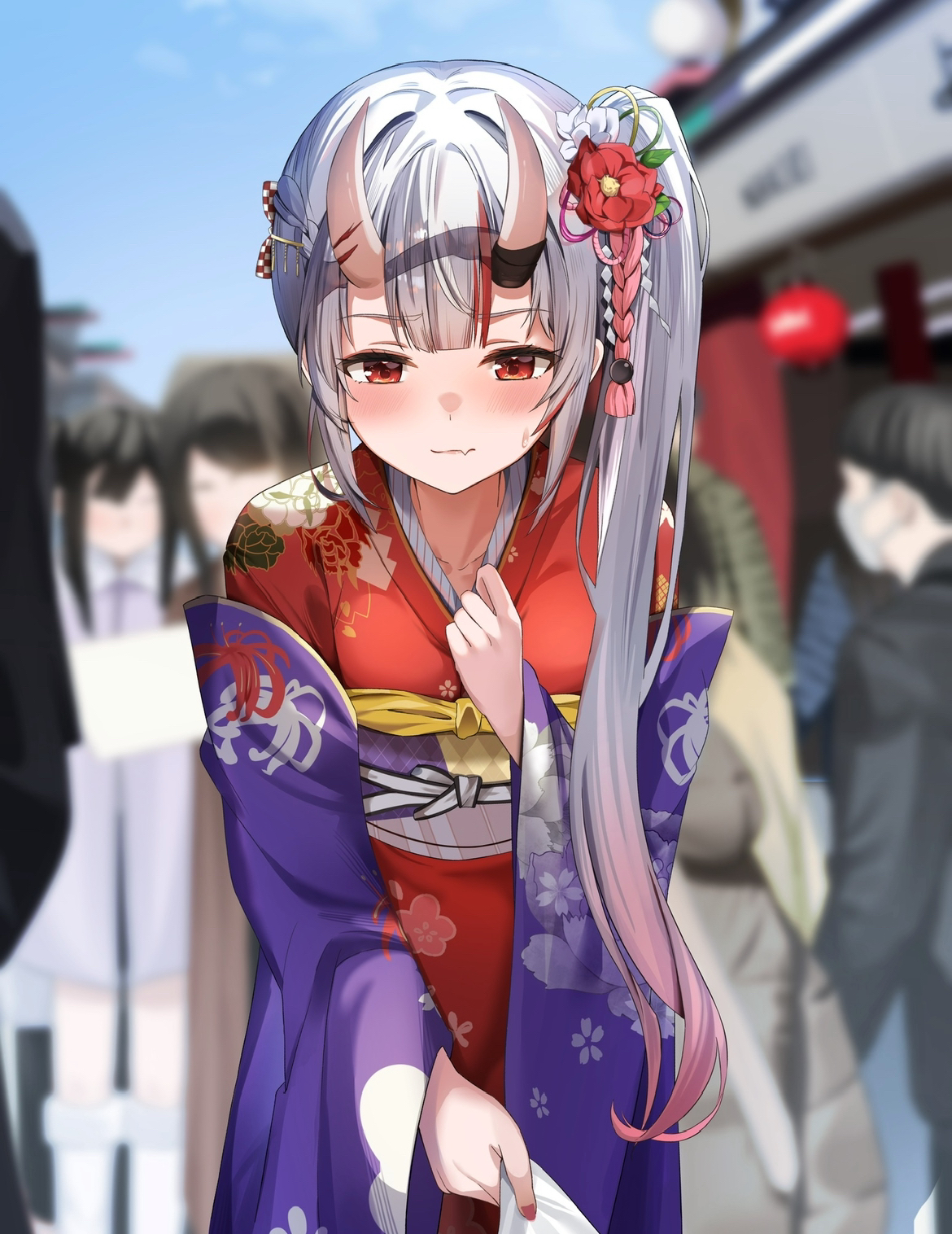 gabuchi, nakiri ayame, hololive, commentary request, highres, 1girl, blush, fang, flower, hair flower, hair ornament, horns, japanese clothes, kimono, long hair, multicolored hair, new year, people, red eyes, red hair, side ponytail, skin fang, solo focus, streaked hair, virtual youtuber