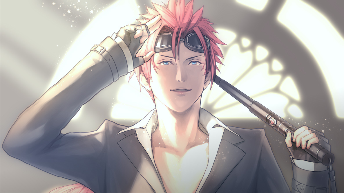 t3 (19841230), reno (ff7), final fantasy, final fantasy vii, final fantasy vii remake, 1boy, aqua eyes, black gloves, black jacket, church, collarbone, collared shirt, facial mark, fingerless gloves, gloves, goggles, goggles on head, holding baton (weapon), jacket, low ponytail, male focus, over shoulder, parted lips, ponytail, salute, shirt, short hair with long locks, smile, spiked hair, suit jacket, sunlight, two-finger salute, upper body, weapon, weapon over shoulder, white shirt, window