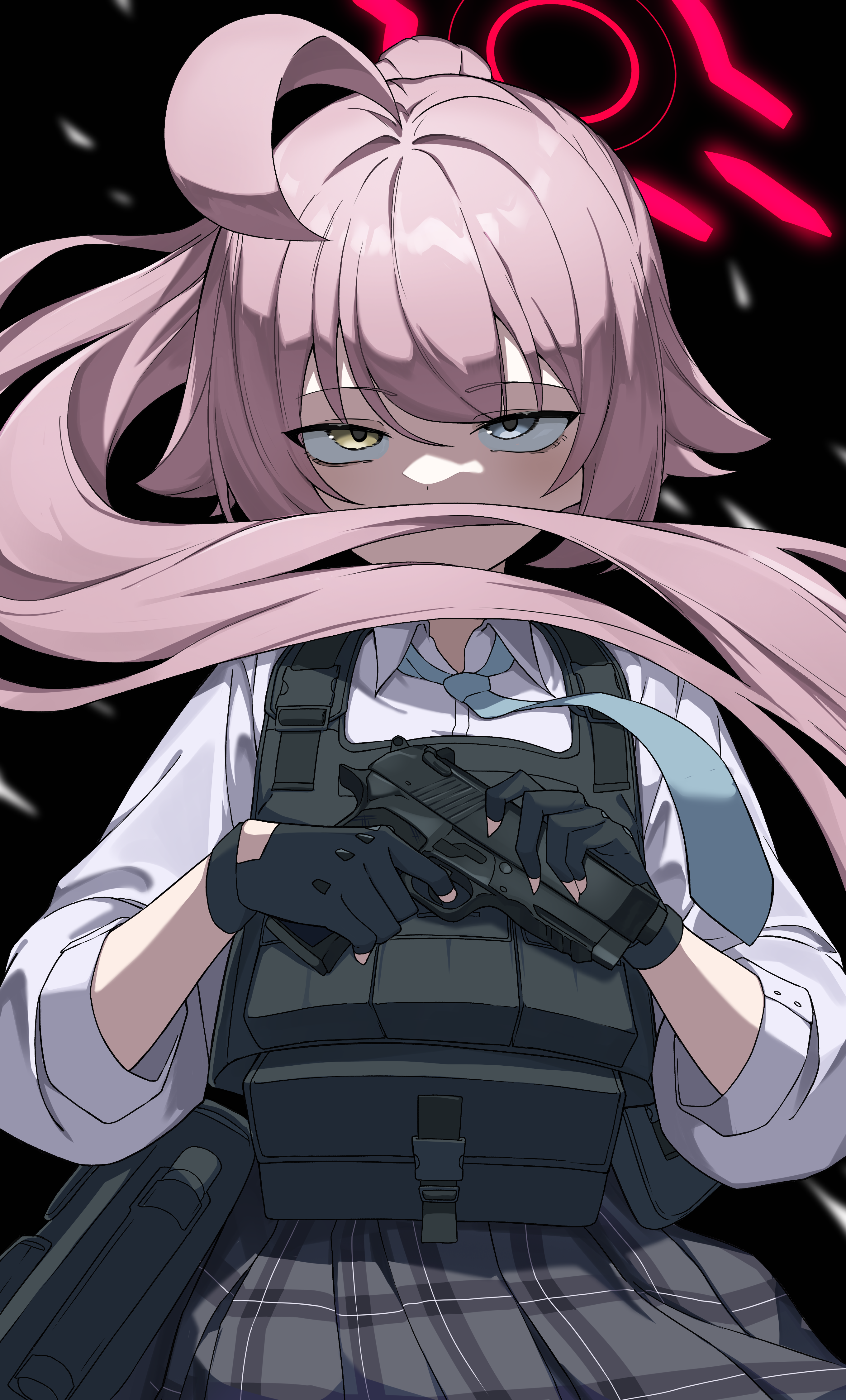 lil monster (zbuta turatan), hoshino (armed) (blue archive), hoshino (blue archive), blue archive, absurdres, commentary request, highres, 1girl, ahoge, alternate costume, ammunition pouch, beretta 92, black background, black gloves, blue eyes, blue necktie, bulletproof vest, collared shirt, finger on trigger, floating hair, gloves, grey skirt, gun, hair over mouth, halo, handgun, heterochromia, holding, holding gun, holding weapon, huge ahoge, long hair, looking at viewer, necktie, pink hair, plaid clothes, plaid skirt, ponytail, pouch, red halo, sanpaku, school uniform, shirt, simple background, skirt, solo, straight-on, tactical school uniform, weapon, white shirt, yellow eyes