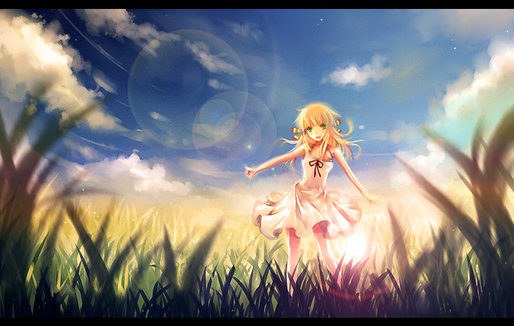 vienri, original, 1girl, blonde hair, dress, female focus, field, green eyes, lens flare, letterboxed, nature, outdoors, sky, solo