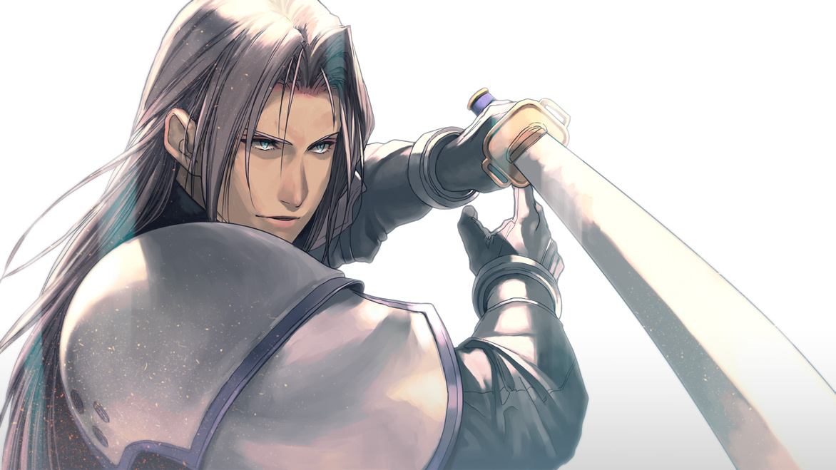t3 (19841230), sephiroth, final fantasy, final fantasy vii, final fantasy vii remake, duplicate, pixel-perfect duplicate, 1boy, aqua eyes, armor, black coat, black gloves, closed mouth, coat, fighting stance, gloves, grey hair, high collar, holding, holding sword, holding weapon, jacket, long bangs, long hair, long sleeves, male focus, masamune (ff7), parted bangs, shoulder armor, solo, sword, upper body, weapon